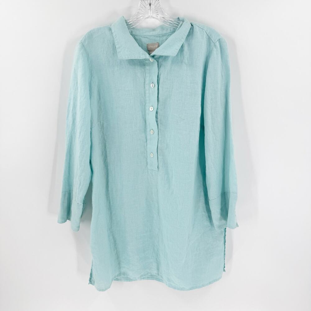 Chico’s 100% Linen Tunic Top Blue Coastal Minimalist Shirt M 8/10